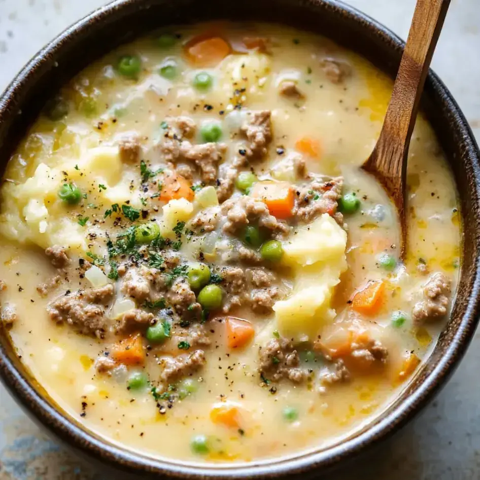 A warm bowl of creamy vegetable and ground beef stew, garnished with herbs, served with a wooden spoon.