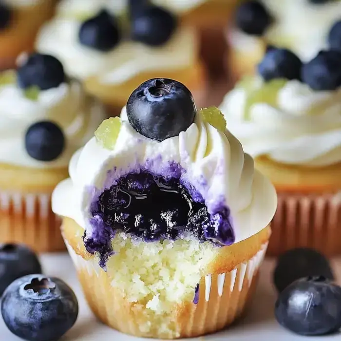 A blueberry-filled cupcake with white frosting and topped with a fresh blueberry, showing a bite taken out revealing its vibrant purple filling.