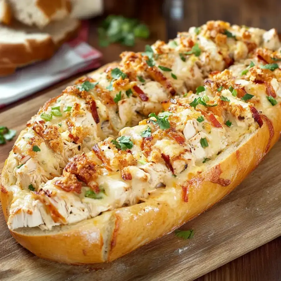 A cheesy baked bread topped with shredded chicken, bacon, and herbs, served on a wooden cutting board.