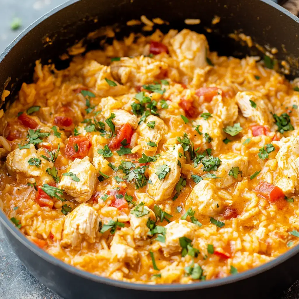 A close-up of a pot filled with creamy chicken and rice, garnished with fresh cilantro and tomatoes.