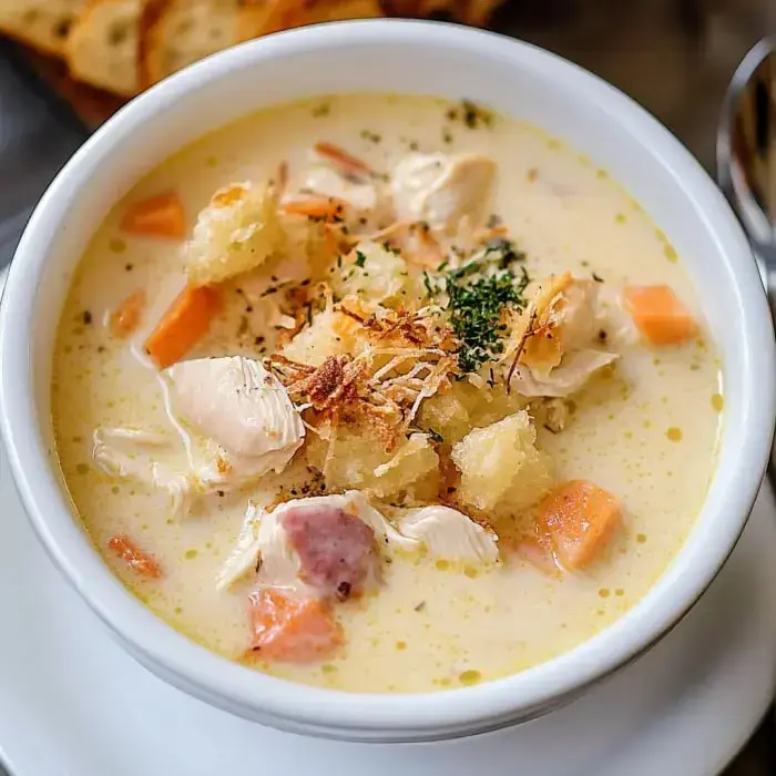 A creamy chicken soup with pieces of chicken, carrots, croutons, and herbs, served in a white bowl.