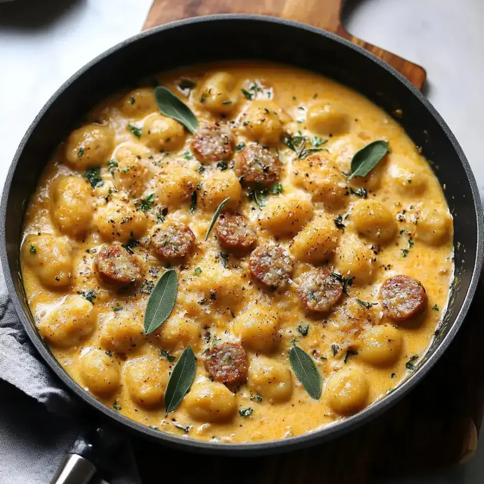 A skillet filled with creamy gnocchi, sliced sausage, and garnished with sage and herbs.