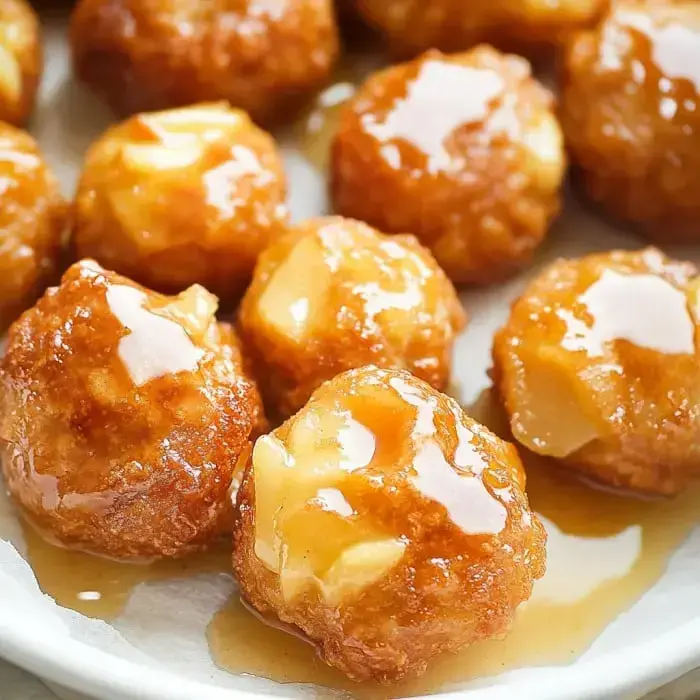 A close-up of sweet, glazed apple fritters arranged on a plate.