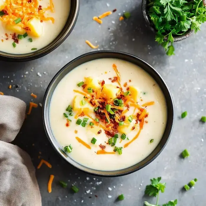 A close-up of a creamy soup topped with cheese, bacon bits, and green onions, served in a black bowl.