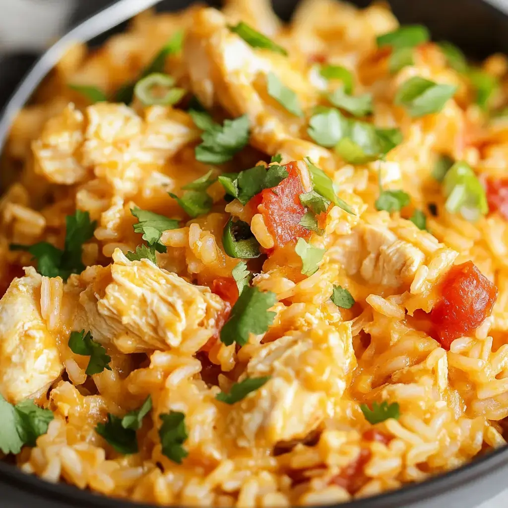 A close-up of a bowl filled with rice, shredded chicken, diced tomatoes, and fresh cilantro.