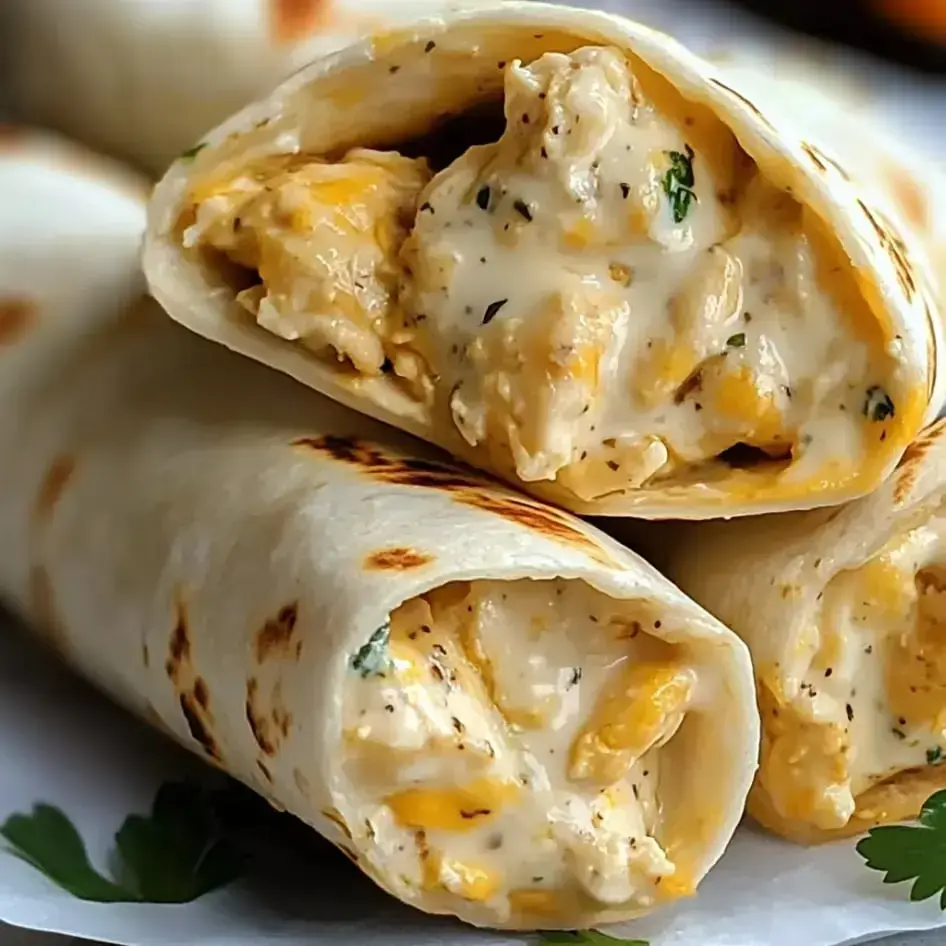 Three tortillas filled with a creamy, cheesy mixture are stacked on a plate.