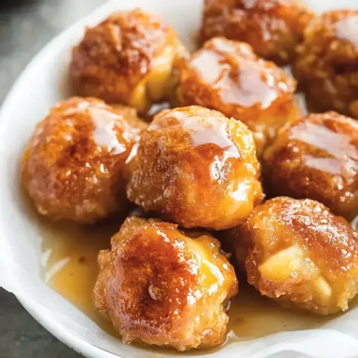 A plate of golden, crispy fried snacks drizzled with sweet syrup.