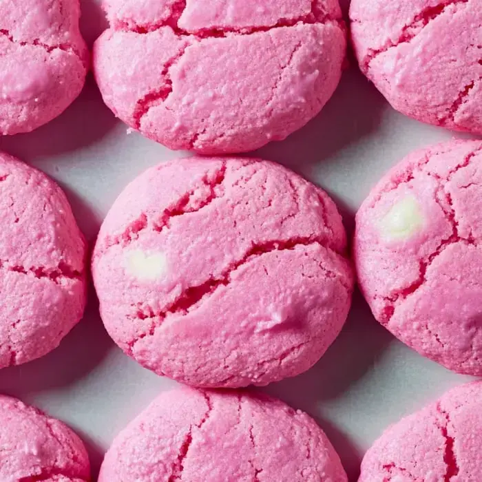 A close-up of pink, cracked cookies with white chocolate chunks arranged in a pattern.