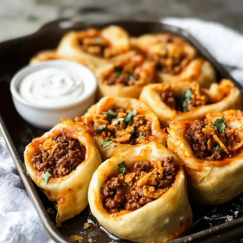 A plate of rolled dough pieces filled with seasoned ground beef, topped with crushed chips and herbs, accompanied by a small bowl of creamy sauce.