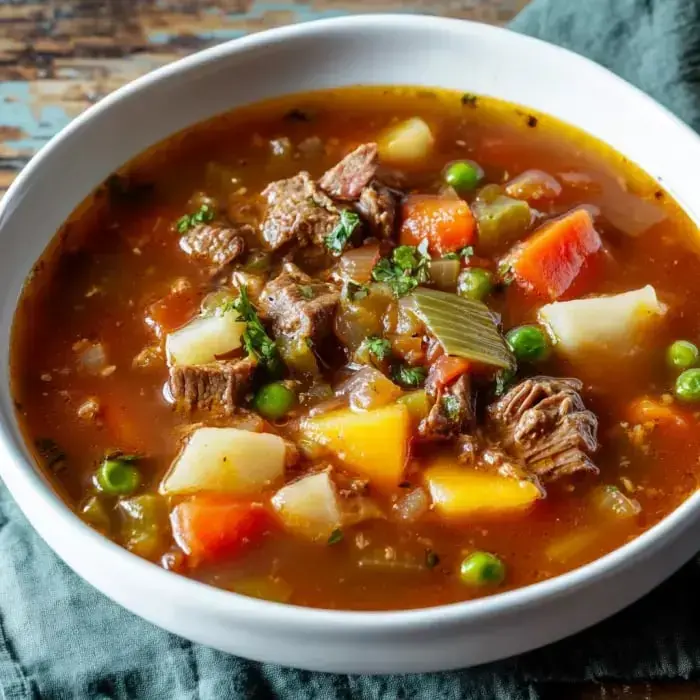 A hearty bowl of beef vegetable soup containing chunks of beef, potatoes, carrots, peas, and green beans.