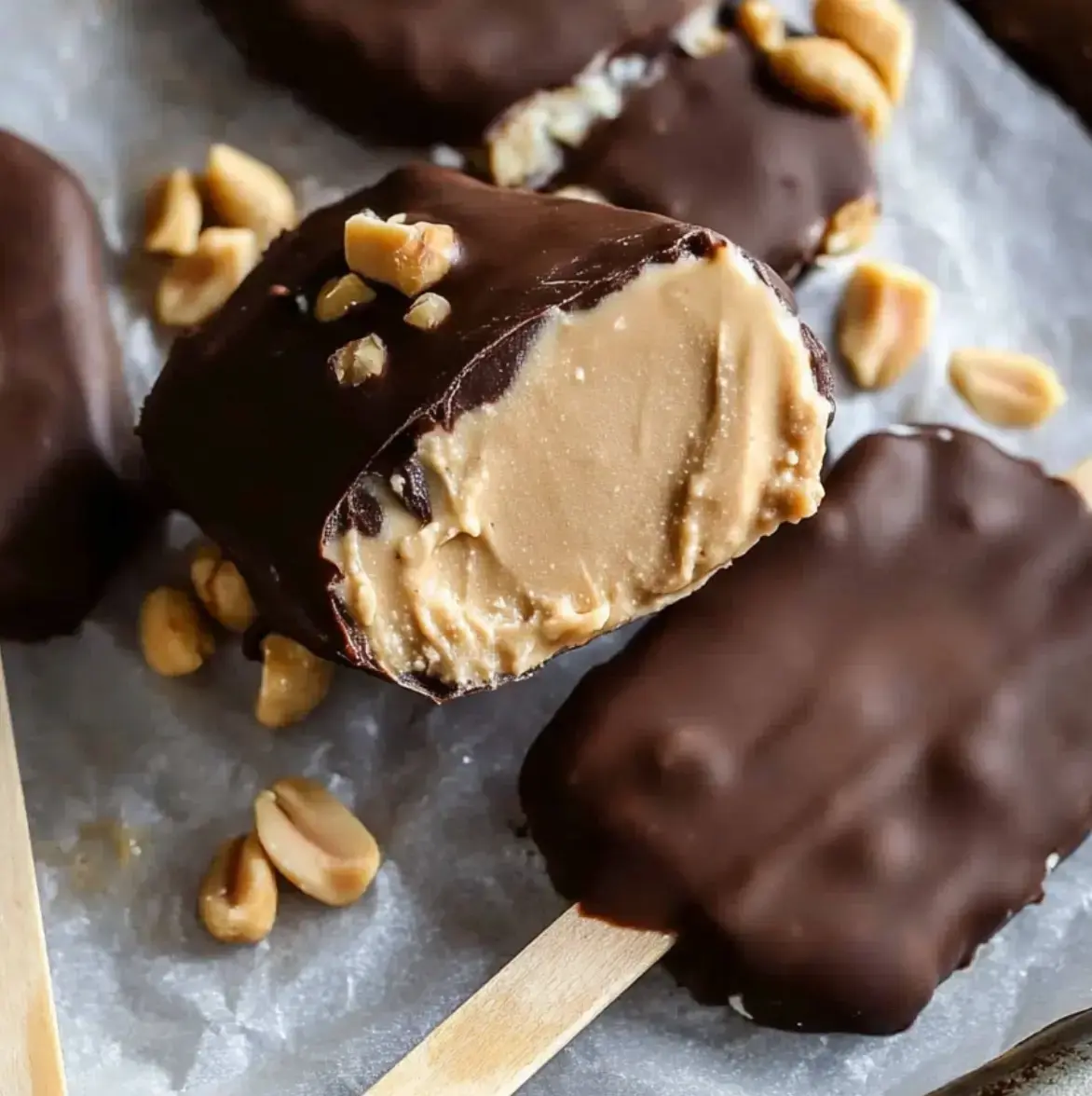 A chocolate-covered ice cream bar with a bite taken out, revealing a creamy peanut butter filling, surrounded by crushed peanuts.