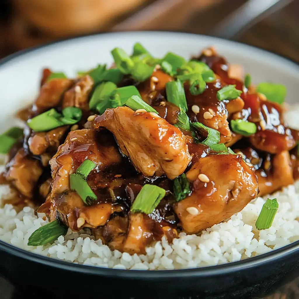 A bowl of rice topped with succulent pieces of glazed chicken and garnished with chopped green onions.