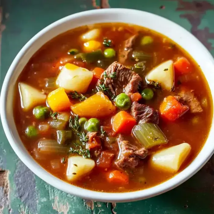 A bowl of hearty beef stew filled with various vegetables including potatoes, carrots, and peas in a savory broth.