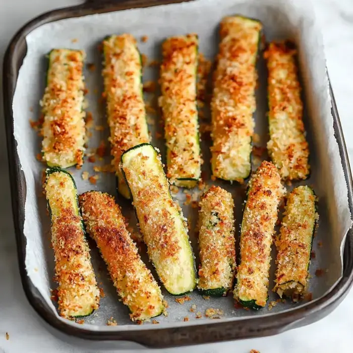 A tray of golden-brown, breaded zucchini sticks arranged neatly on parchment paper.