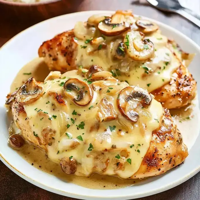 A close-up of two cooked chicken breasts topped with melted cheese, sliced mushrooms, and parsley on a white plate.