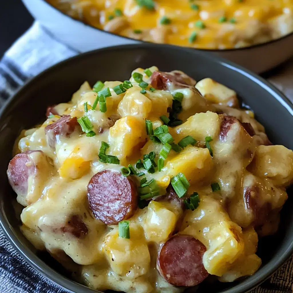 A bowl of creamy potato and sausage dish topped with chopped green onions.