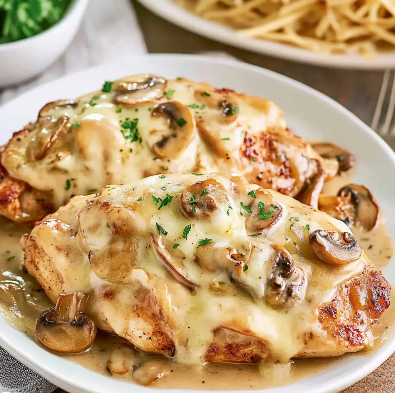 Two pieces of creamy, mushroom-topped chicken breasts are plated, garnished with parsley, next to a serving of spaghetti and a small bowl of greens.