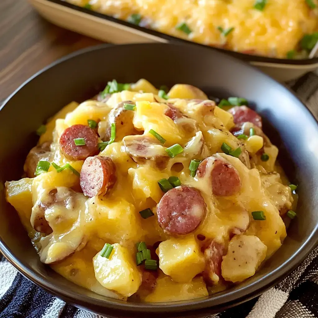 A bowl of creamy potato dish topped with sliced sausages and fresh chives, with a cheesy casserole in the background.