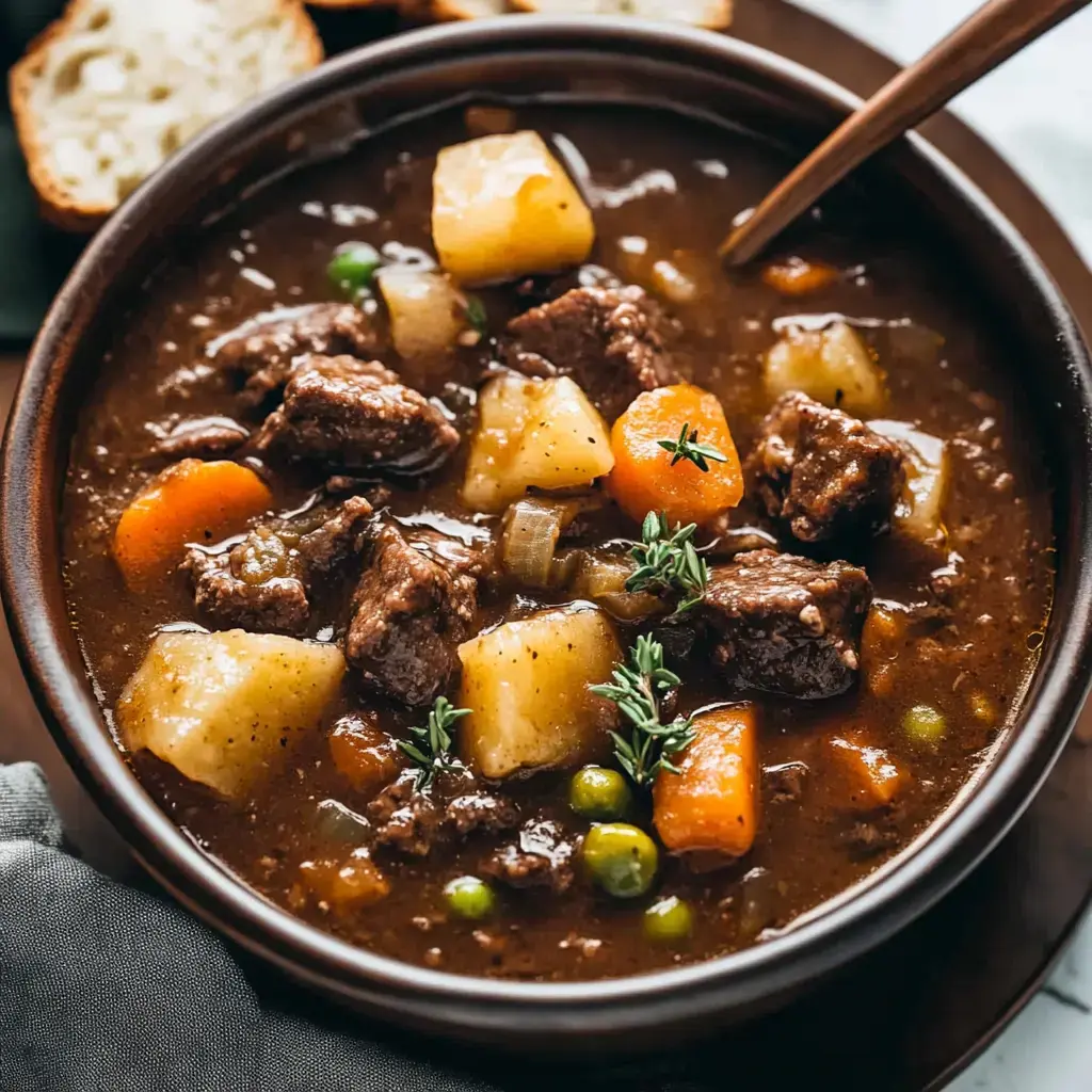 A bowl of hearty beef stew filled with meat, potatoes, carrots, peas, and garnished with thyme, accompanied by slices of bread.