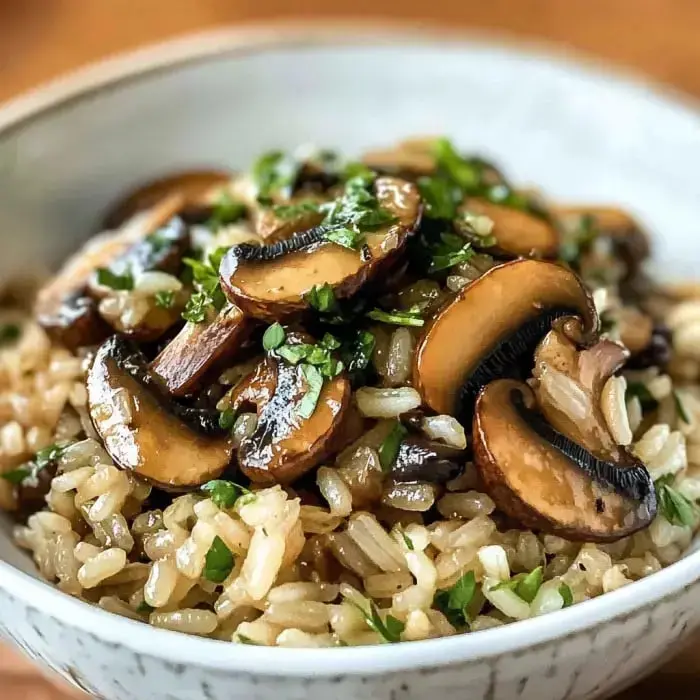 A bowl of brown rice topped with sautéed mushrooms and fresh herbs.