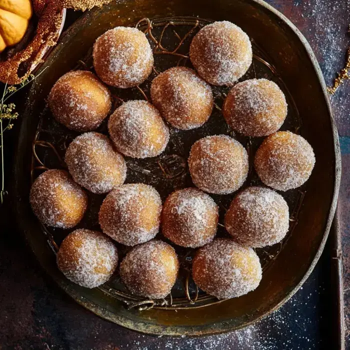 A golden platter filled with sugared, round dough balls arranged neatly.