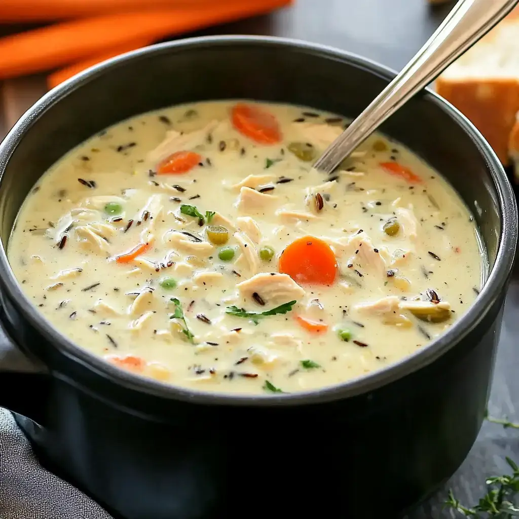 A bowl of creamy chicken soup with vegetables, including carrots and peas, and served with a spoon.