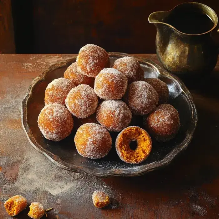 A metallic plate piled with sugar-coated doughnut holes, with one half-eaten, sits next to a small pitcher.