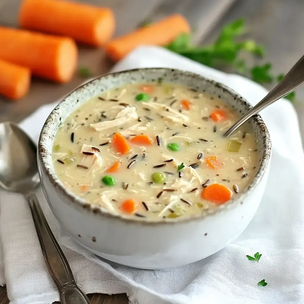 A bowl of creamy chicken soup with rice, carrots, peas, and herbs, set against a background of chopped carrots.