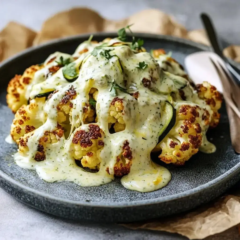 A plate of roasted cauliflower topped with a creamy herb sauce and garnished with fresh herbs.