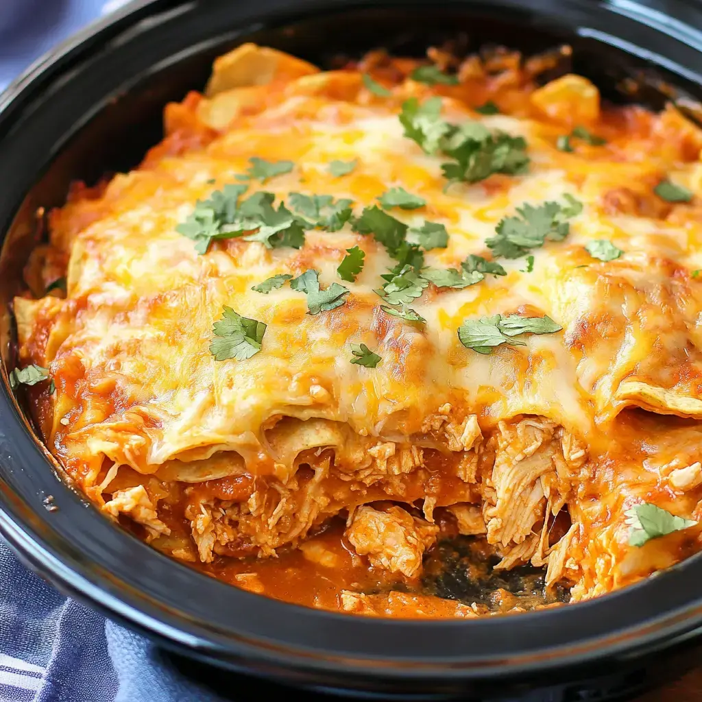 A close-up of a baked chicken enchilada dish topped with melted cheese and fresh cilantro.