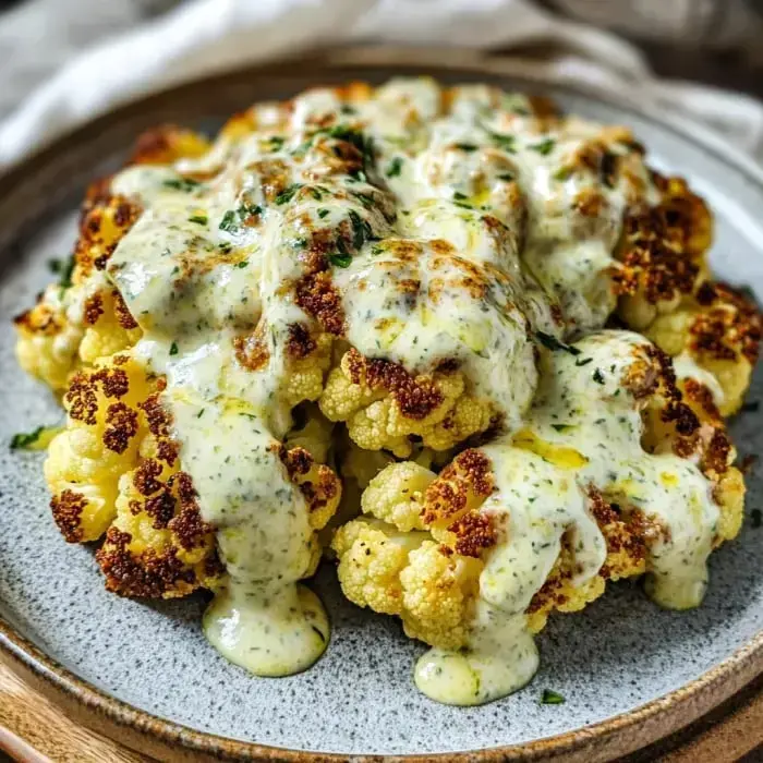 A plated serving of roasted cauliflower drizzled with a creamy sauce and garnished with herbs.