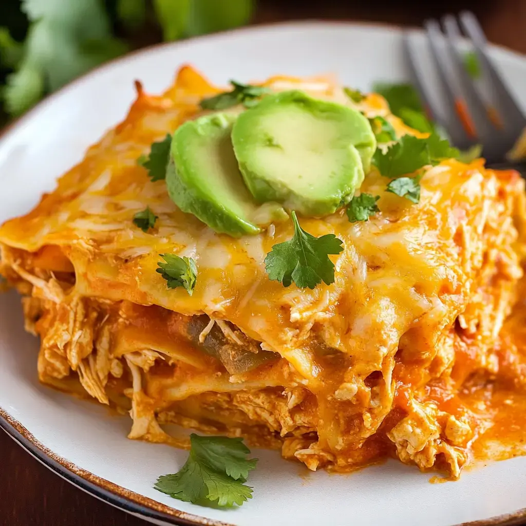 A close-up of a slice of cheesy chicken lasagna garnished with avocado slices and cilantro on a white plate.