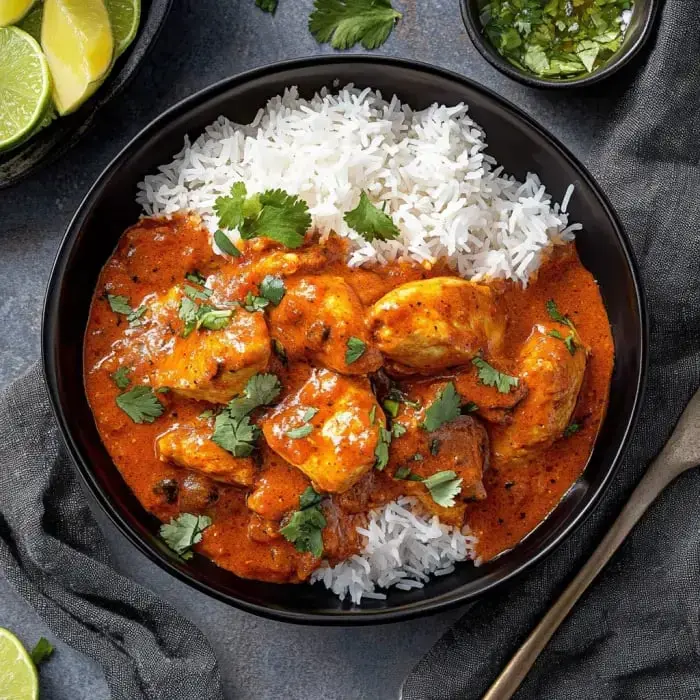 A bowl of white rice topped with chicken in a rich, orange sauce, garnished with fresh cilantro, alongside lime wedges.