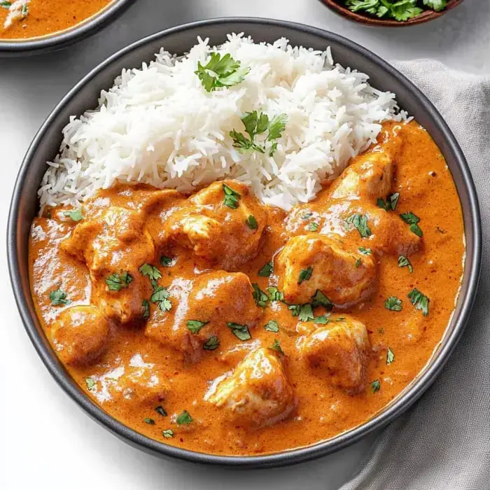 A bowl of creamy butter chicken served with fluffy white rice and garnished with fresh cilantro.