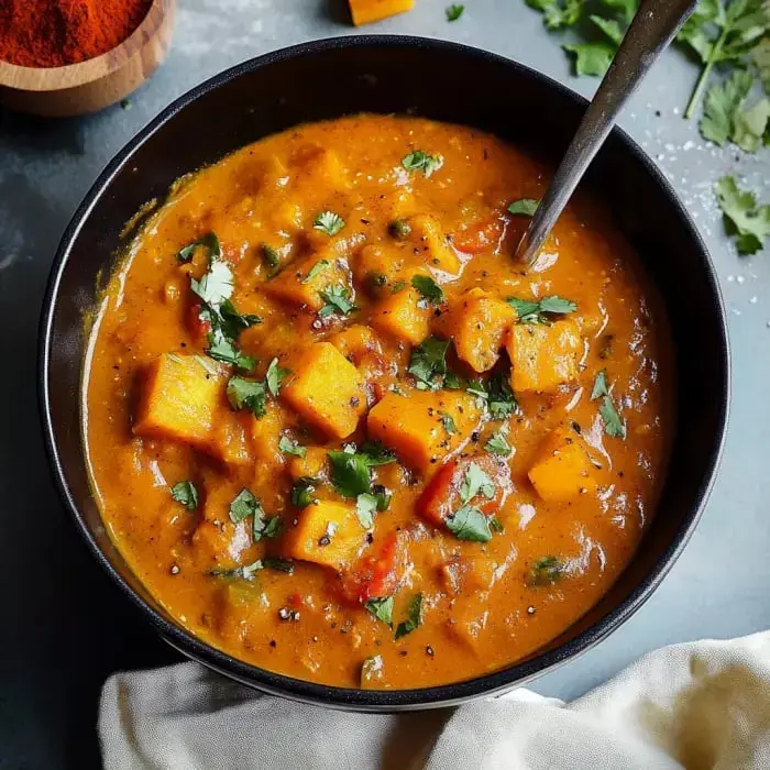 A bowl of vibrant, thick pumpkin curry garnished with fresh cilantro and served with a spoon.