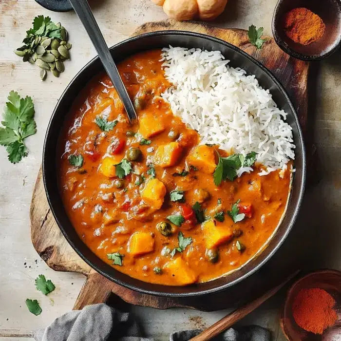 A bowl of creamy vegetable curry with chunks of pumpkin and peas is served alongside a portion of fluffy white rice, garnished with fresh cilantro and spices.