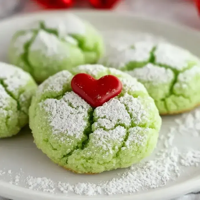 A plate of green crinkle cookies dusted with powdered sugar, featuring a red heart on top of one cookie.