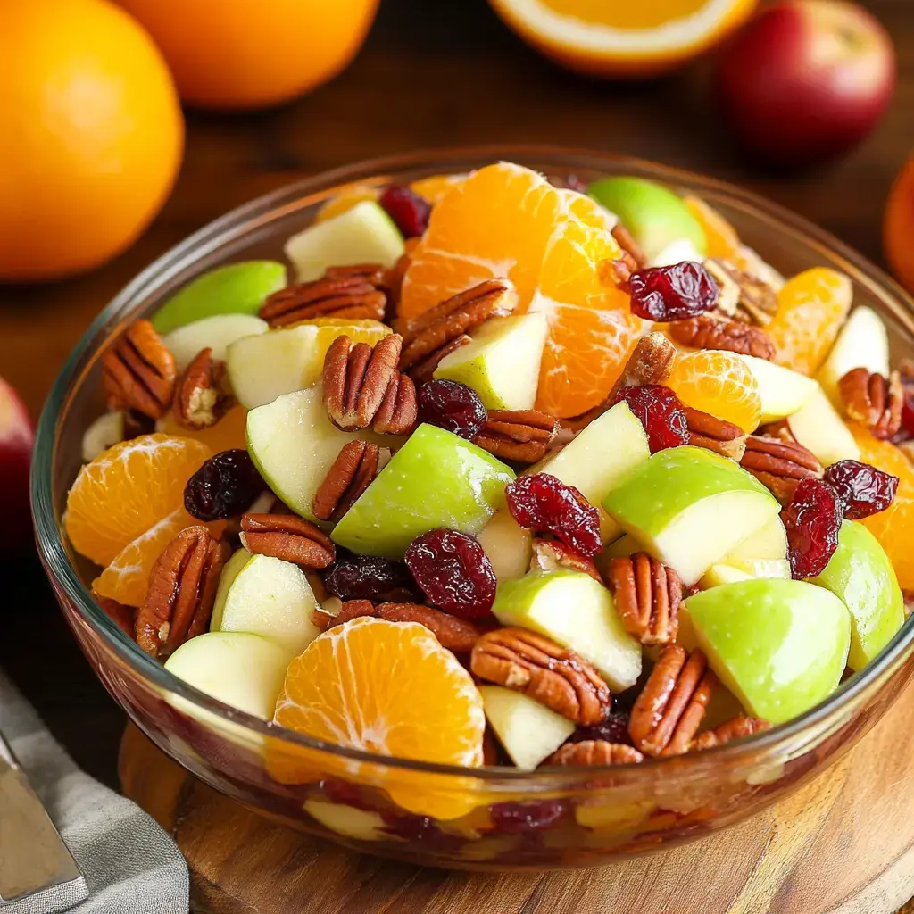 A clear glass bowl filled with a colorful fruit salad featuring green apples, orange slices, dried cranberries, and pecans, surrounded by whole oranges and a red apple.