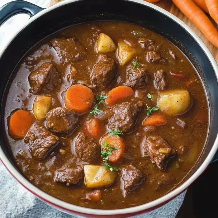 A hearty beef stew with chunks of meat, carrots, and potatoes simmering in a rich broth, garnished with fresh herbs.