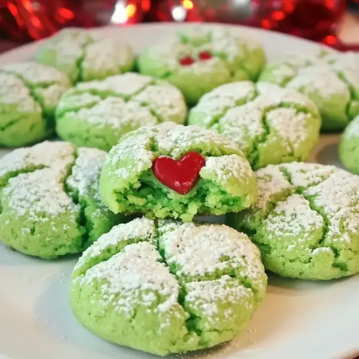 A plate of green crinkle cookies dusted with powdered sugar, one broken open to reveal a red heart-shaped candy inside.