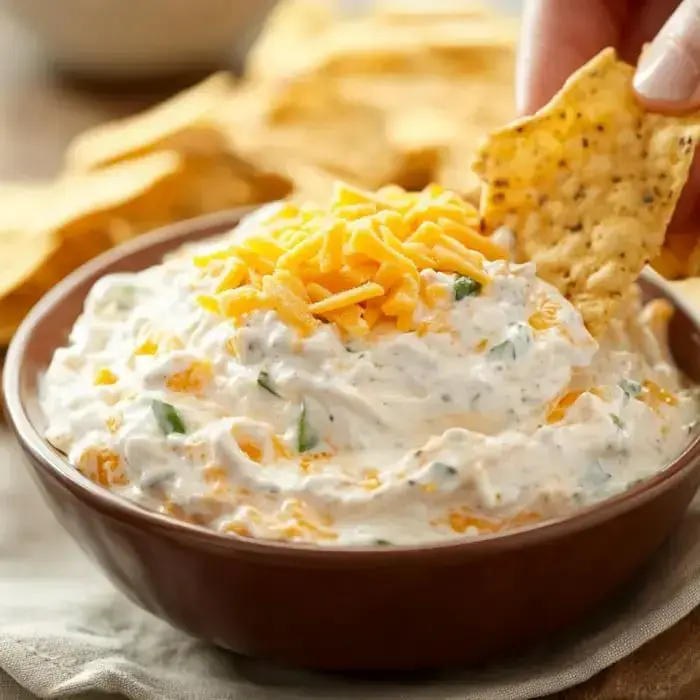 A hand dips a chip into a bowl of creamy dip topped with shredded cheese, surrounded by more chips on a table.