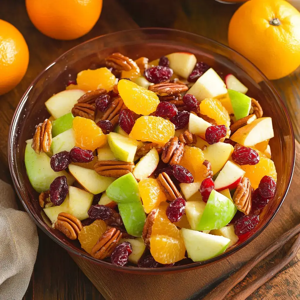 A bowl of fruit salad featuring chopped green and red apples, orange segments, dried cranberries, and pecans, surrounded by whole oranges.