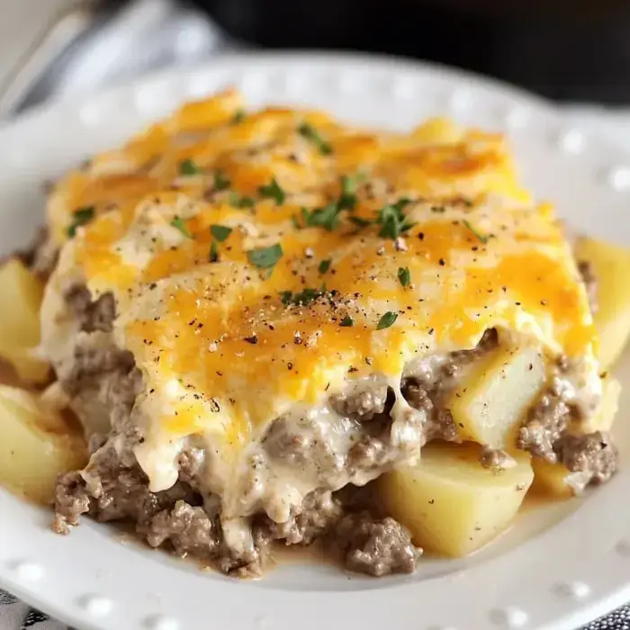 A hearty casserole featuring layers of ground beef, potatoes, and melted cheese, garnished with green herbs.