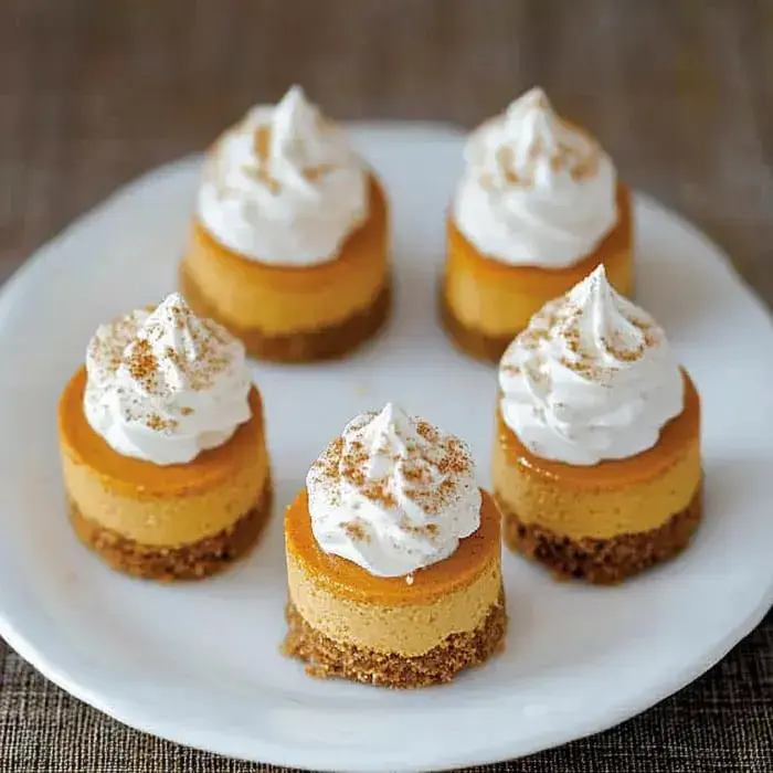 A plate of small, layered pumpkin cheesecakes topped with whipped cream and a sprinkle of cinnamon.