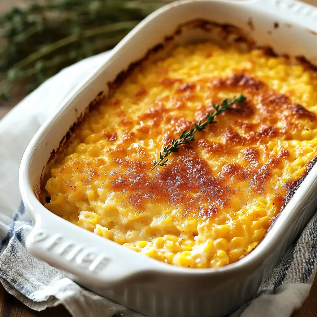 A creamy, baked macaroni and cheese dish with a golden-brown top, garnished with a sprig of thyme.