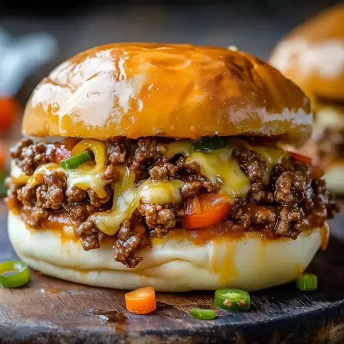 A close-up of a juicy burger filled with seasoned ground beef, melted cheese, and colorful vegetables, served on a glossy bun.