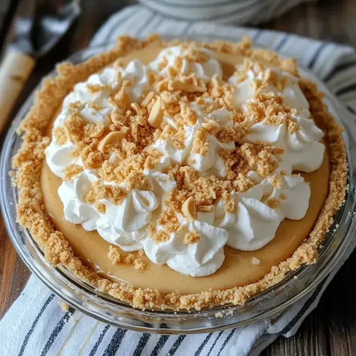 A creamy dessert pie topped with whipped cream and crushed nuts, served in a clear glass dish.