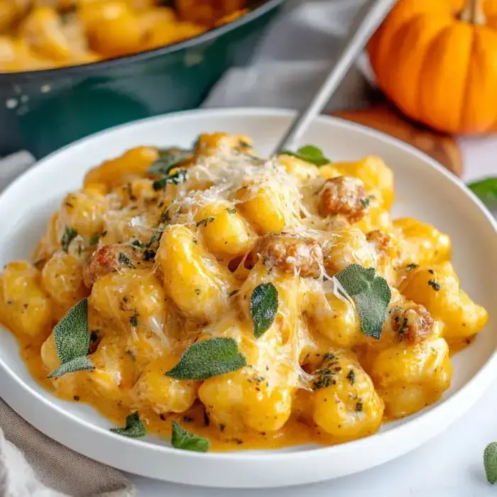 A creamy plate of gnocchi topped with melted cheese, sausage pieces, and fresh sage leaves, next to a small pumpkin.