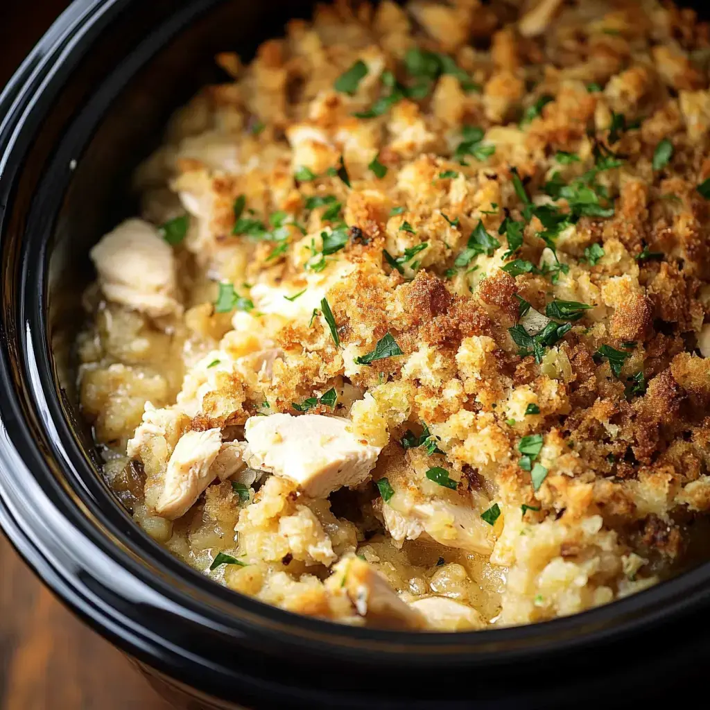 A close-up of a casserole dish filled with chicken and a golden-brown, crumbly topping, garnished with fresh parsley.