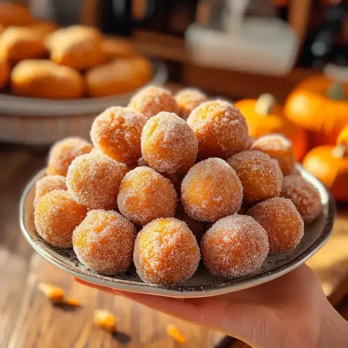 A hand holds a plate stacked with round, sugar-coated pumpkin doughnut holes, with pumpkins in the background.